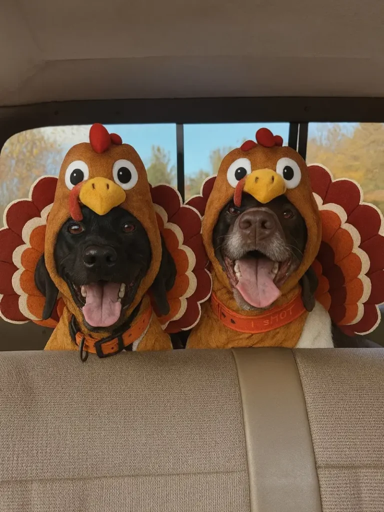 10. Double Turkey Headpiece Duo with Feather Collars in a Car Seat
