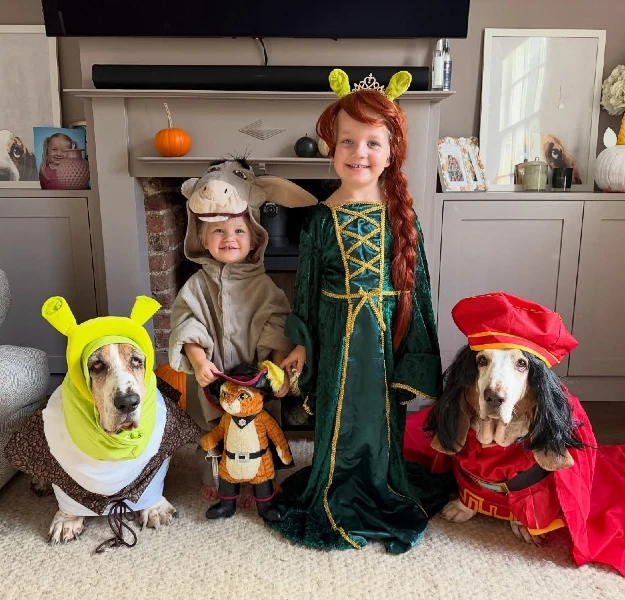 10. Fantasy Fairytale Group Costumes with Shrek-Inspired Kid and Dogs Indoor Scene