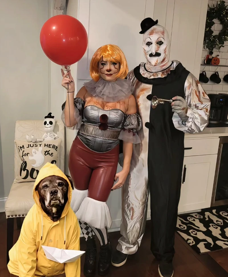 11. Horror Clown Couple Costume with Yellow Raincoat Dog