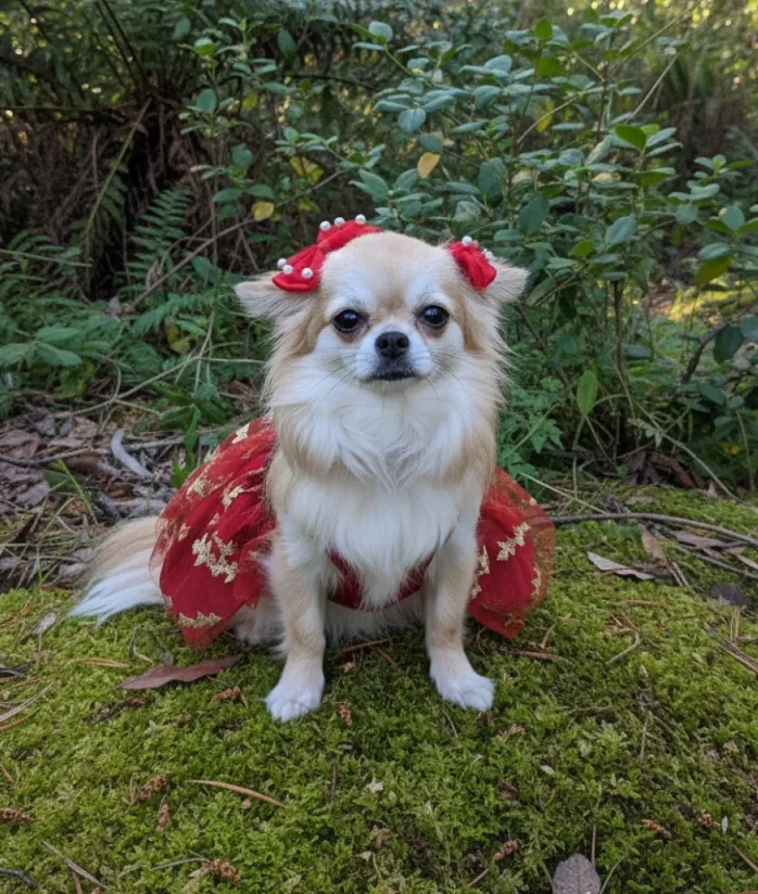 11. Red Floral Brocade Dress Chihuahua with Bow Clips Sitting on Mossy Forest Floor