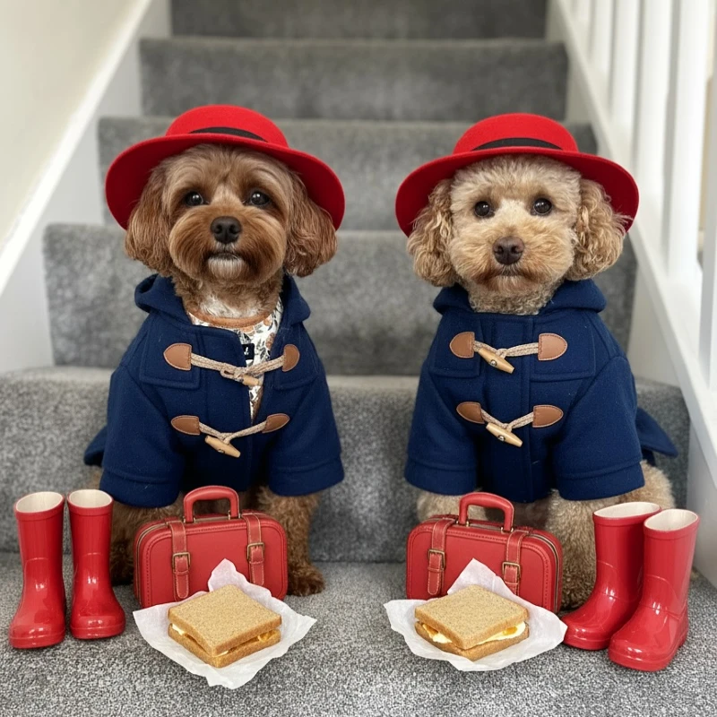 11. Red Hat Raincoat Style Matching Outfits on Twin Toy Dogs