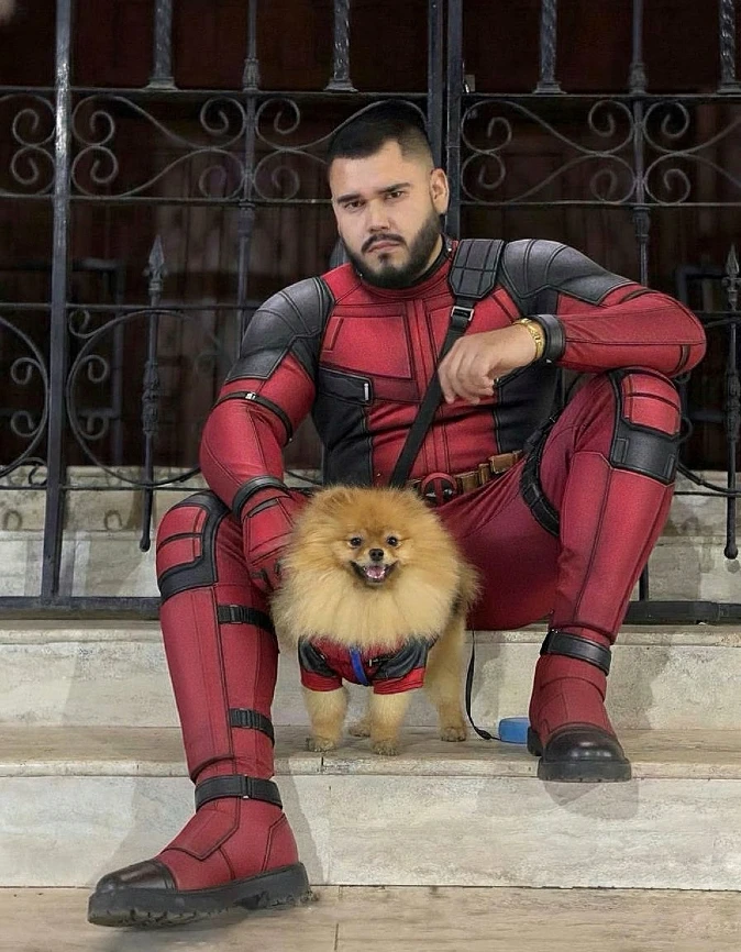 11. Red Superhero Suit and Matching Vest on a Fluffy Pomeranian