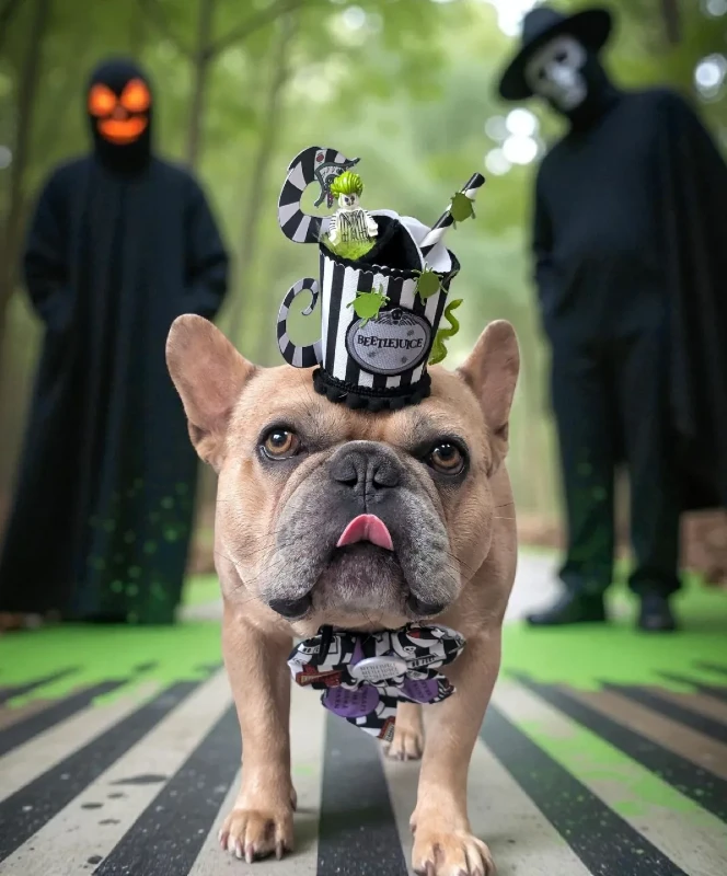 11. Striped Mini Top Hat and Patterned Bow Tie on a French Bulldog