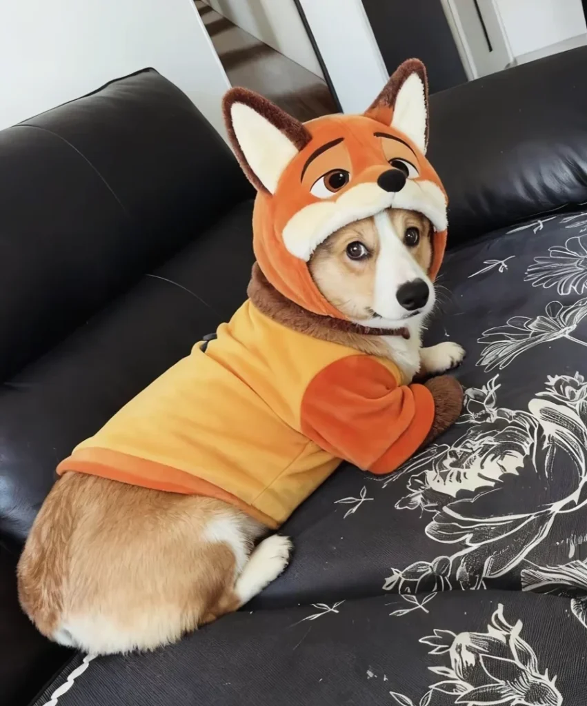 12. Fox Hood Costume on Small Corgi Resting on Black Couch with Floral Cushion