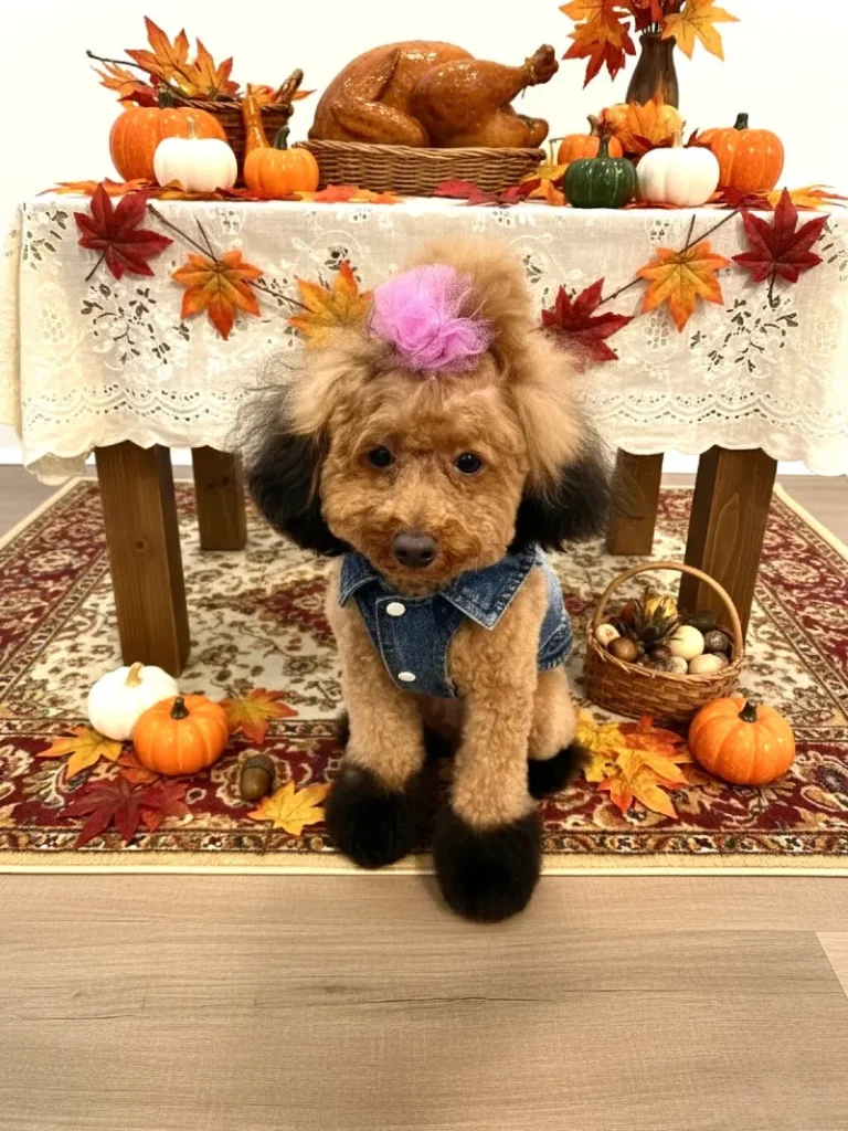 14. Denim Vest with Pink Bow Topknot on Toy Poodle at Thanksgiving Table Display