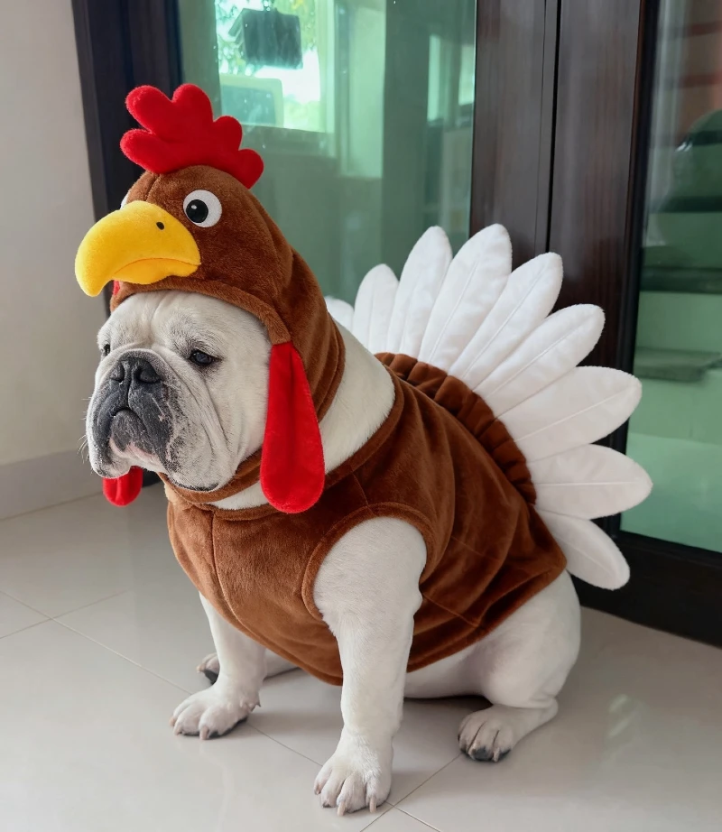 14. Plush Turkey Hoodie Costume with Feather Tail on a Sitting Bulldog