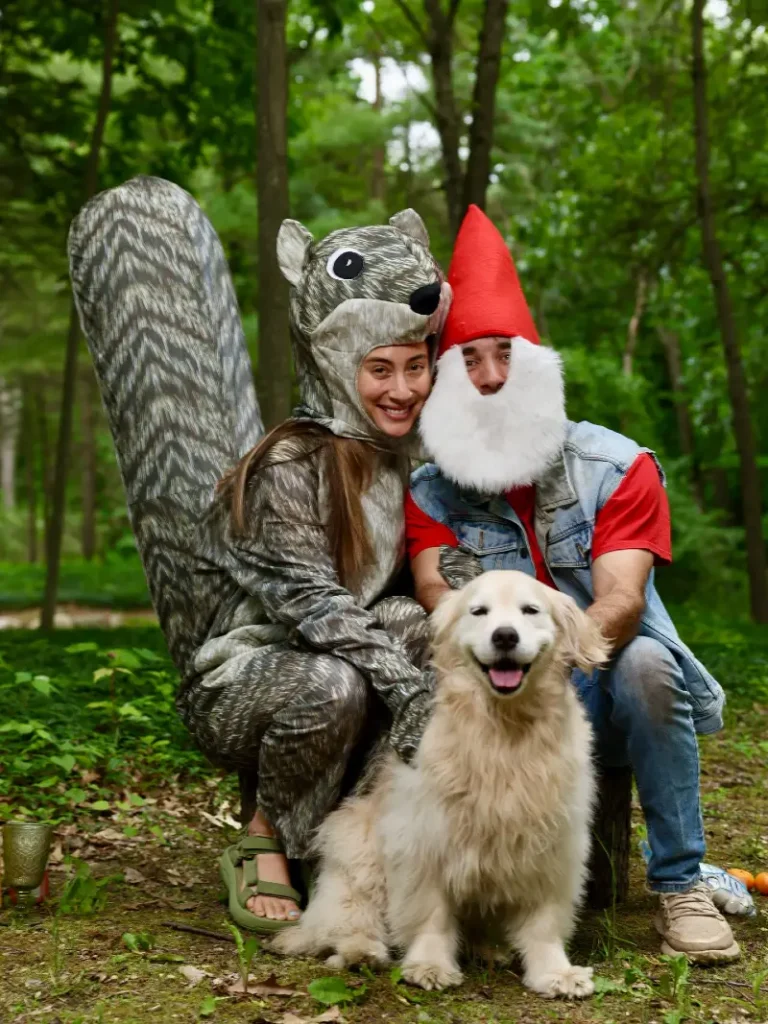 14. Woodland Squirrel and Garden Gnome Couple Costume with a Golden Retriever Sidekick