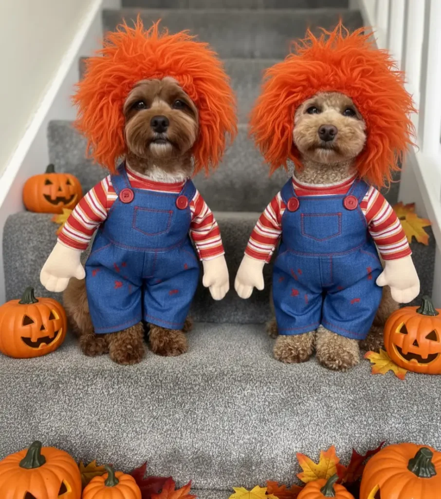 17. Matching Chucky-Inspired Overalls with Wild Orange Hair
