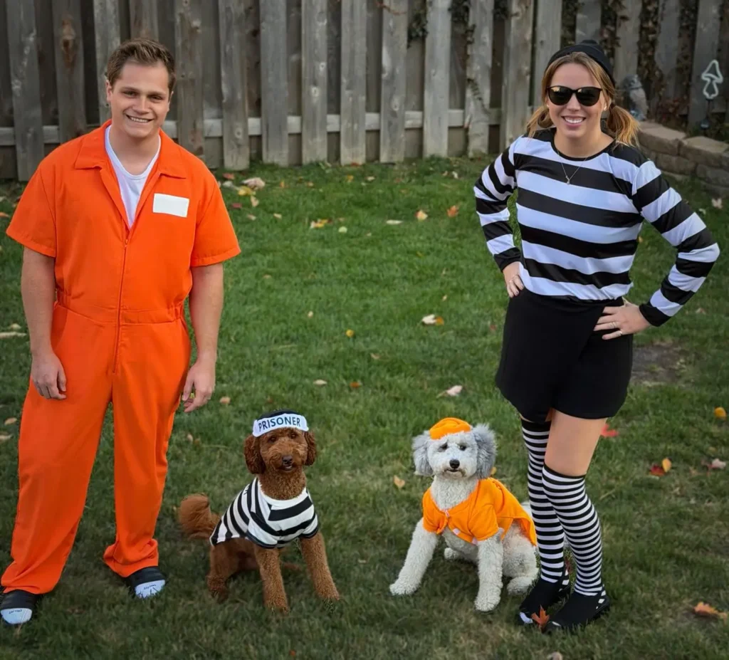 17. Prisoner and Guard Costume with Two Dogs in Jailhouse Outfits