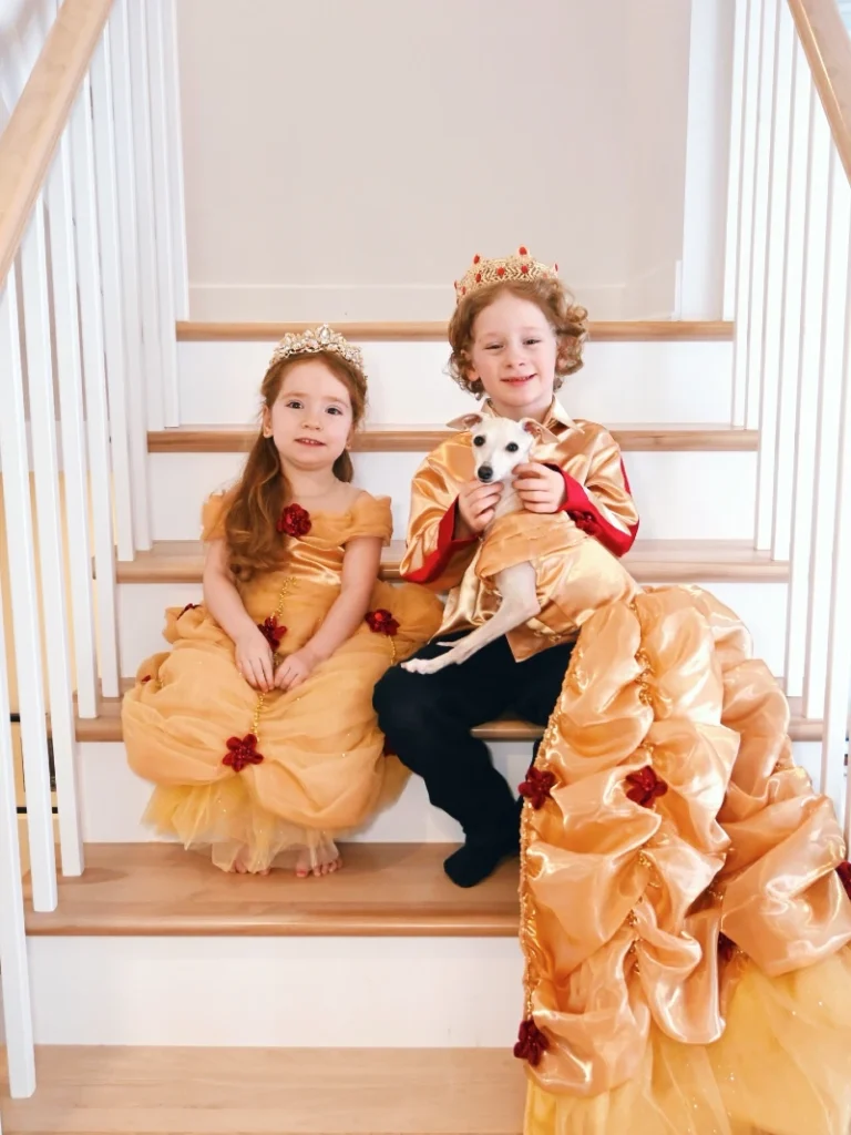 17. Royal Gold Princess Duo with Matching Gown Kids and Small Dog in Crown Costume