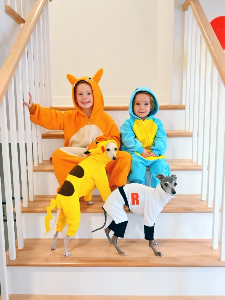 18. Pokémon-Inspired Onesie Duo with Fox and Dino Kids Plus Costumed Dogs