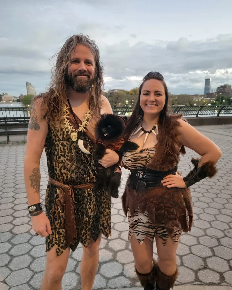 18. Stone Age Tribal Couple Costume with Animal Print and Fur Dog Outfit