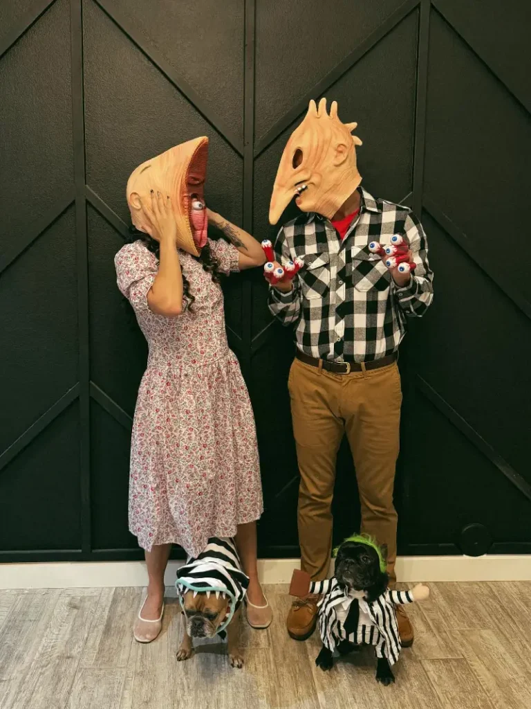 19. Horror Pig Mask Couple Costume with Prisoner Dogs in Striped Outfits