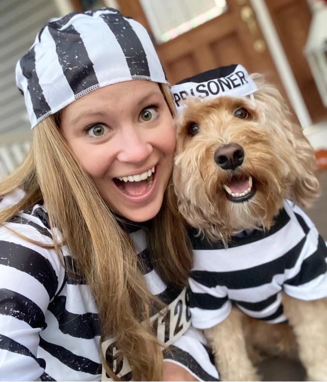 Matching Black and White Striped Prisoner Costumes on a Fluffy Doodle