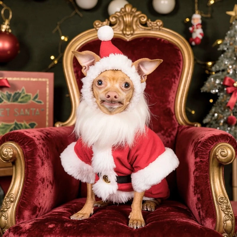 2. Santa Claus Hood Chihuahua Sitting on Velvet Throne Chair