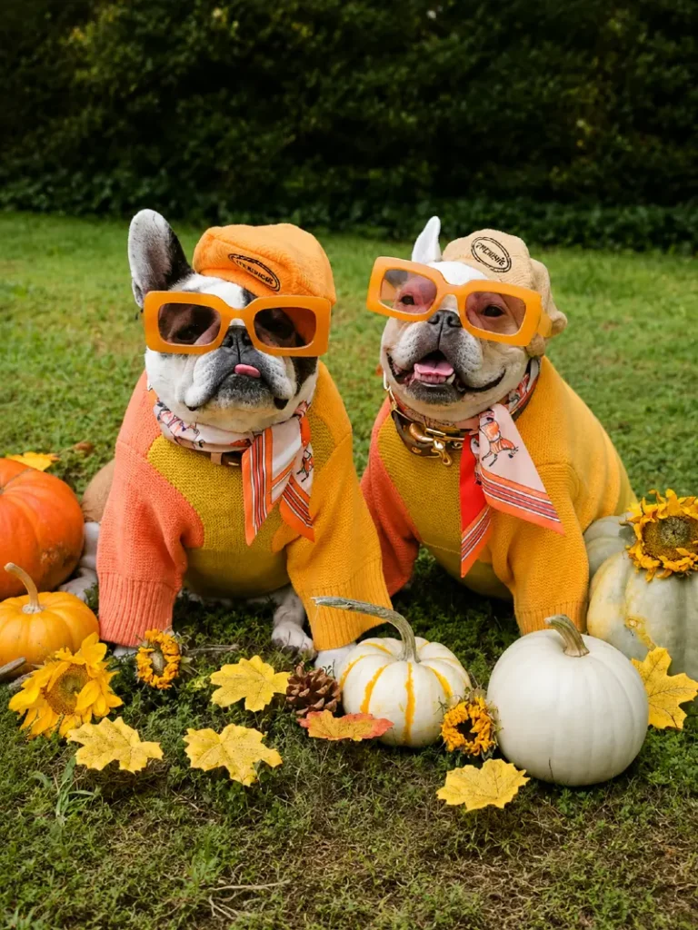 20. Matching Orange Sweater Sunglasses Duo with Pumpkin Fall Setup Outdoors