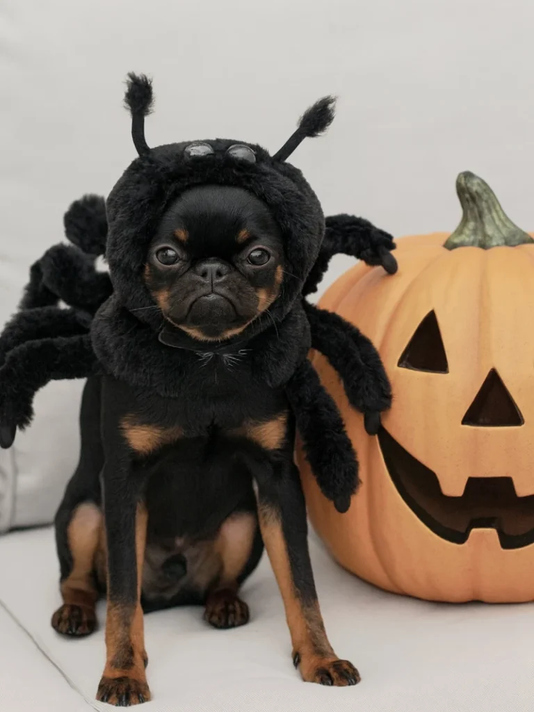 3. Spider Costume Hood with Plush Legs Next to a Carved Pumpkin on a Chihuahua