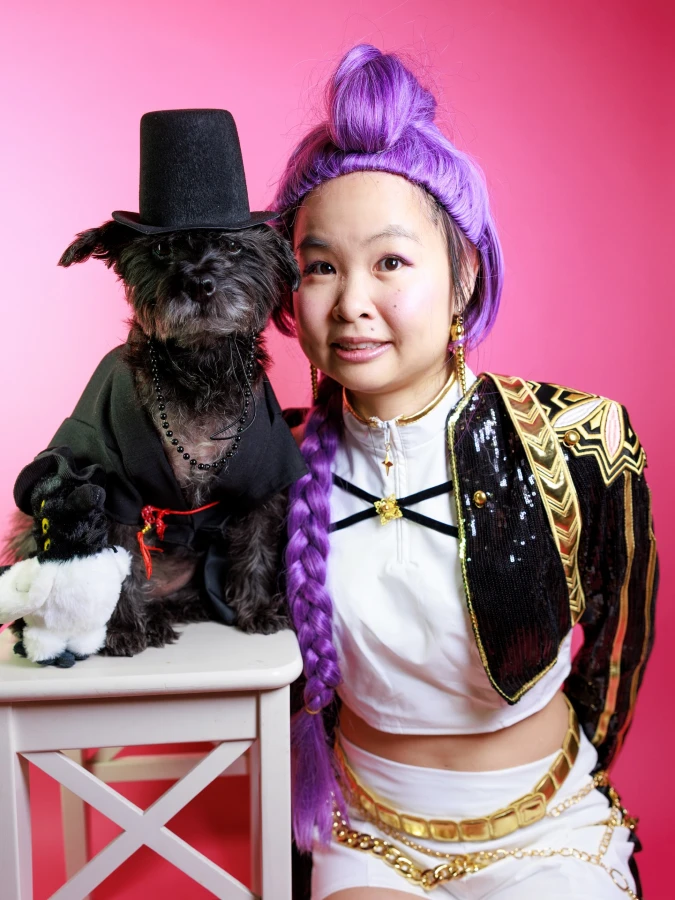 Tiny Black Top Hat and Dapper Coat on a Fluffy Terrier