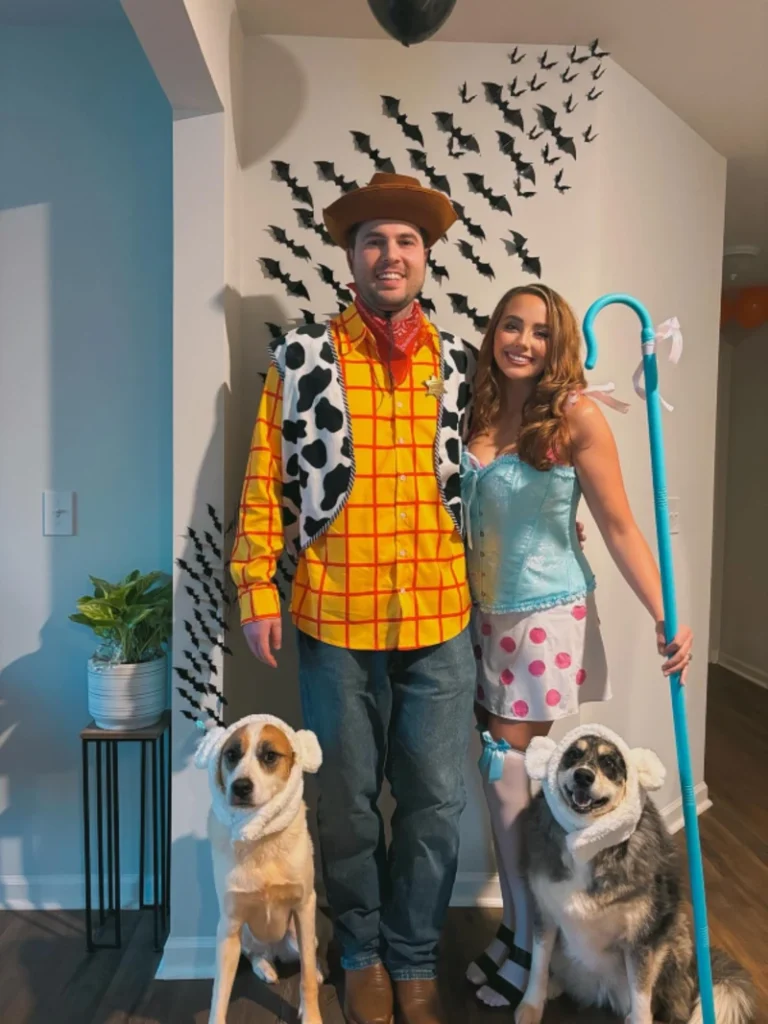 5. Cowboy and Shepherdess Couple Costume with Sheep Hood Dogs