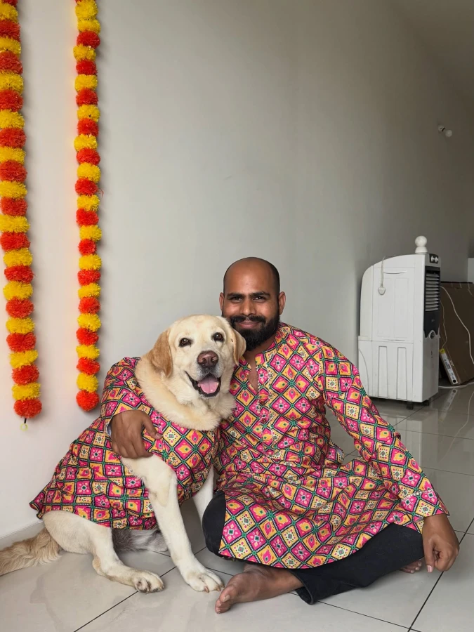 5. Vibrant Geometric Festive Shirts on a Smiling Yellow Labrador