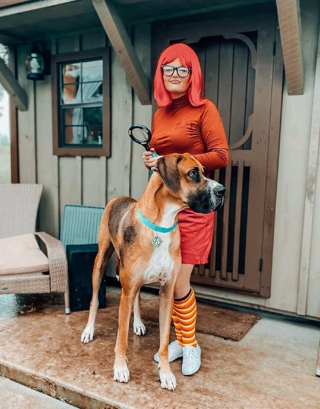 6. Detective Mystery Costume with Red Wig Character Look on a Great Dane at a Porch Scene
