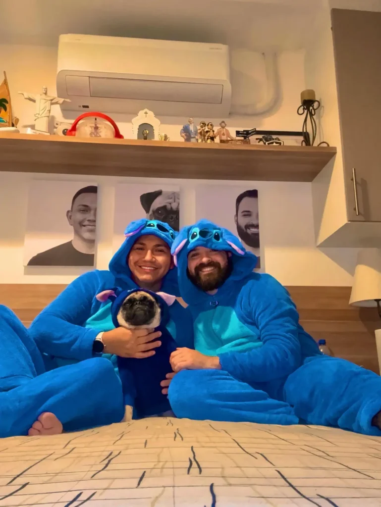 7. Matching Blue Alien Onesies with a Pug in a Mini Hooded Suit