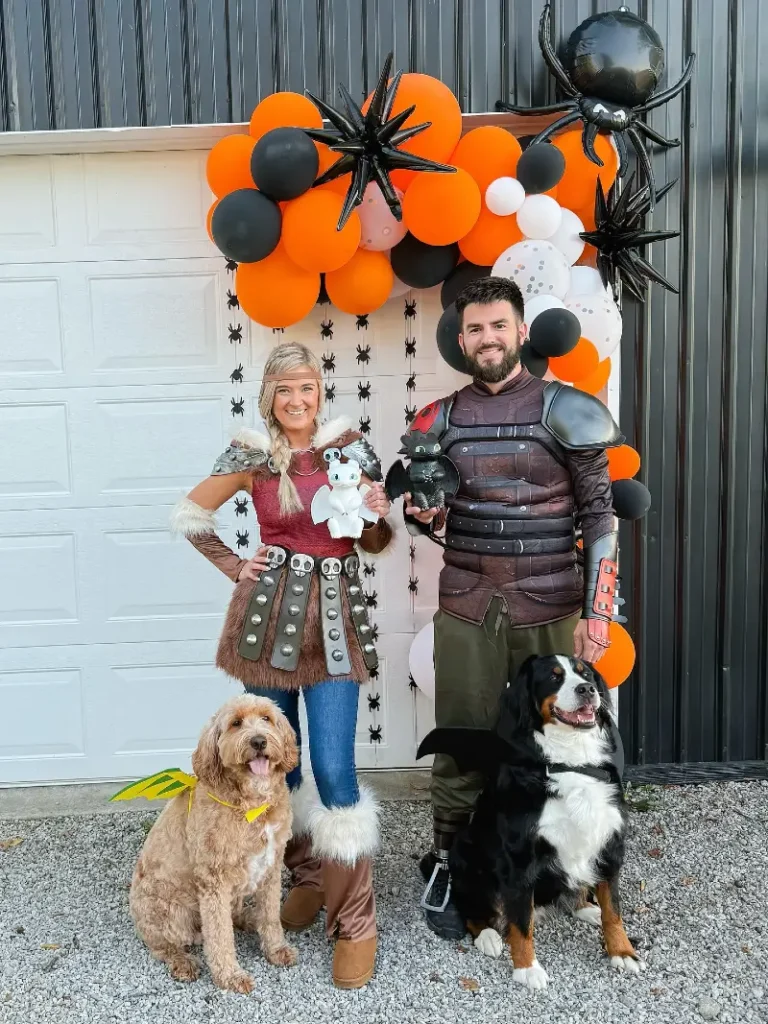 8. Viking Dragon Trainer Couple Costume with Winged Dogs