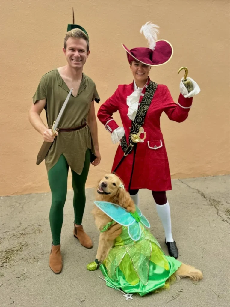 9. Peter Pan and Captain Hook Couple Look with Golden Retriever Fairy Dress