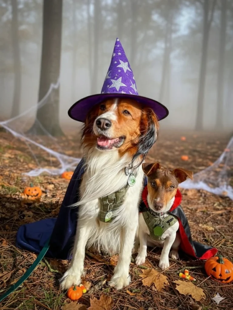 9. Purple Star Wizard Hat Costume with Cape on Large Dog