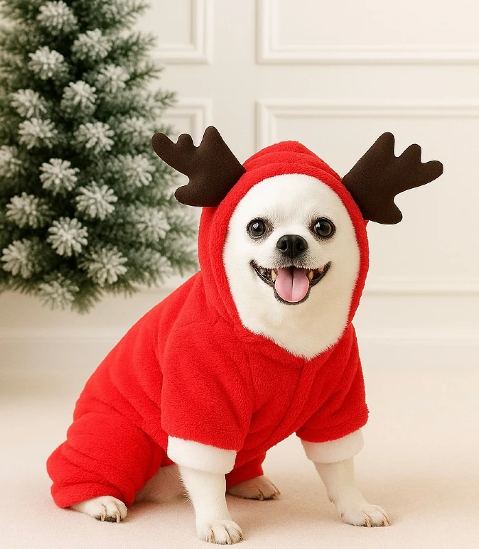 9. Red Santa Fleece Onesie Chihuahua with Reindeer Antlers Sitting Indoors by Minimal Christmas Tree