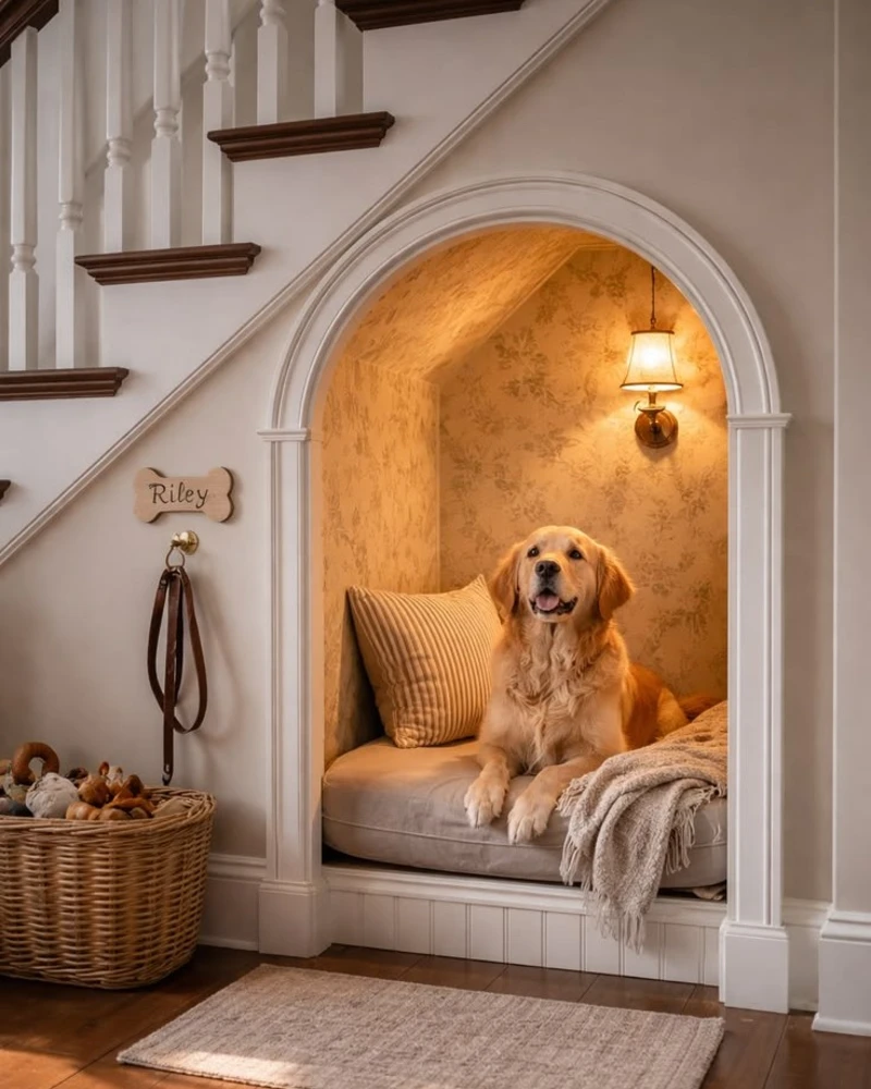 Arched Under-Stairs Alcove with Floral Wallpaper and Brass Sconce
