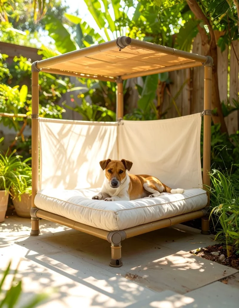 Bamboo-Style Canopy Daybed with White Privacy Screen Panels
