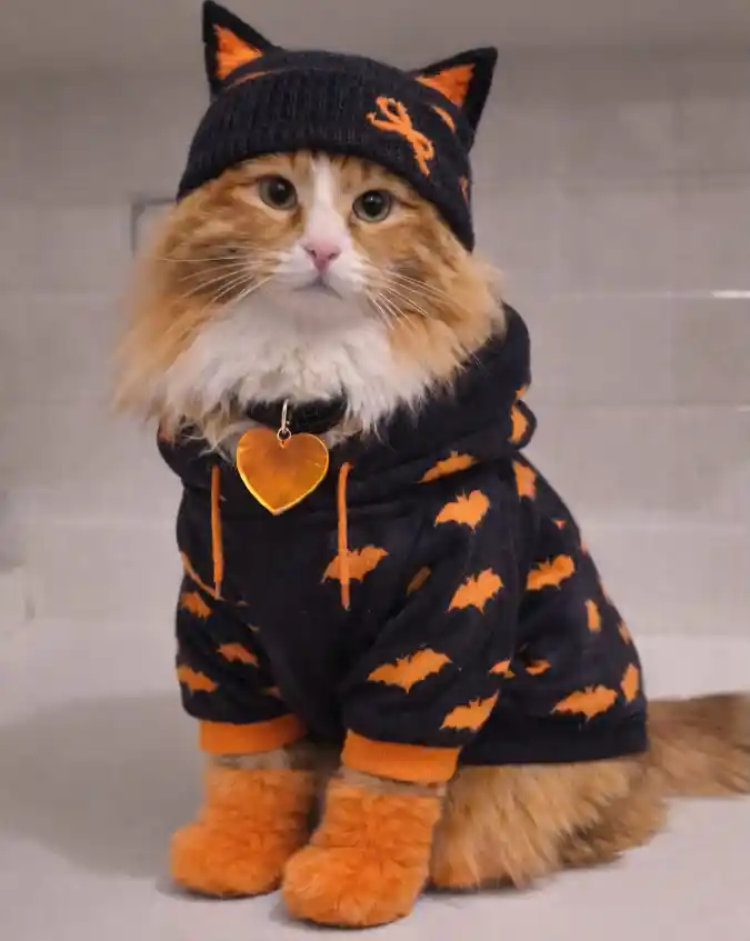 Bat Print Hoodie and Knit Beanie on a Fluffy Long-Haired Cat