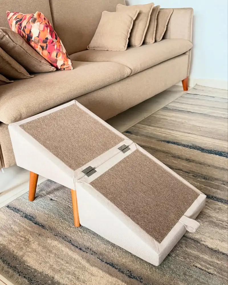 Beige Upholstered Hinged Ramp with Brown Sisal Pads