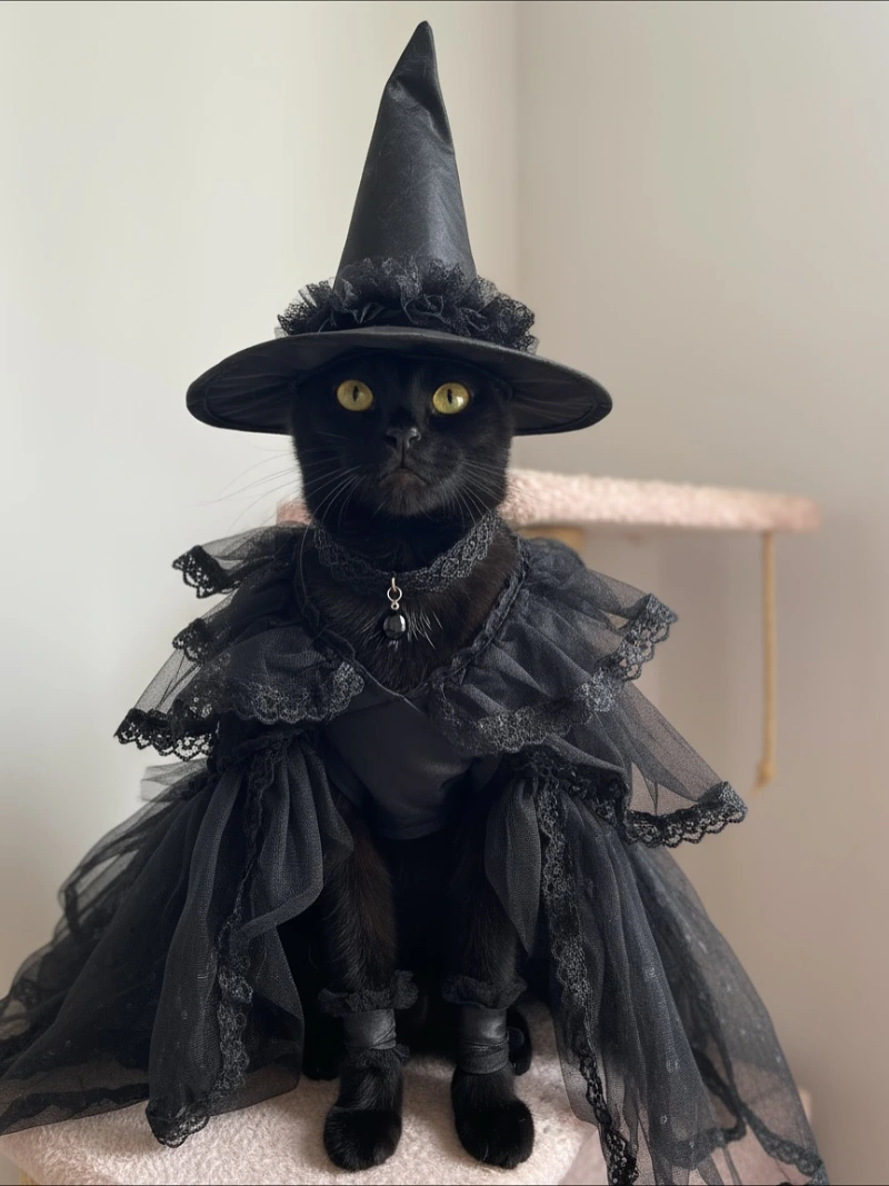 Black Witch Hat and Layered Tulle Dress on a Black Cat