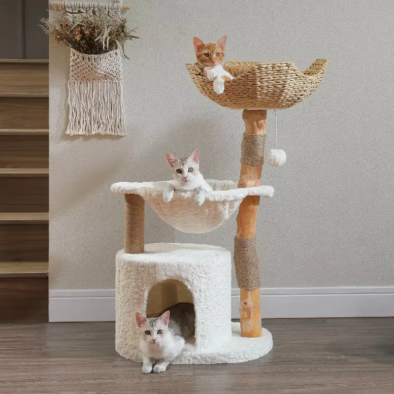 Boho Real Wood Branch Perch with Bouclé Condo and Basket