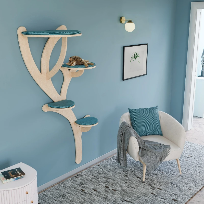 Botanical Branch-Shaped Bentwood Cat Tree with Teal Round Cushions on a Dusty Blue Accent Wall