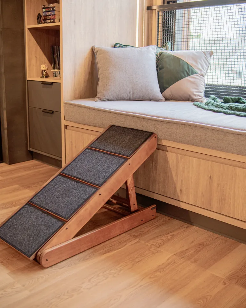 Cherry-Stained Folding Ramp with Inlaid Charcoal Carpet