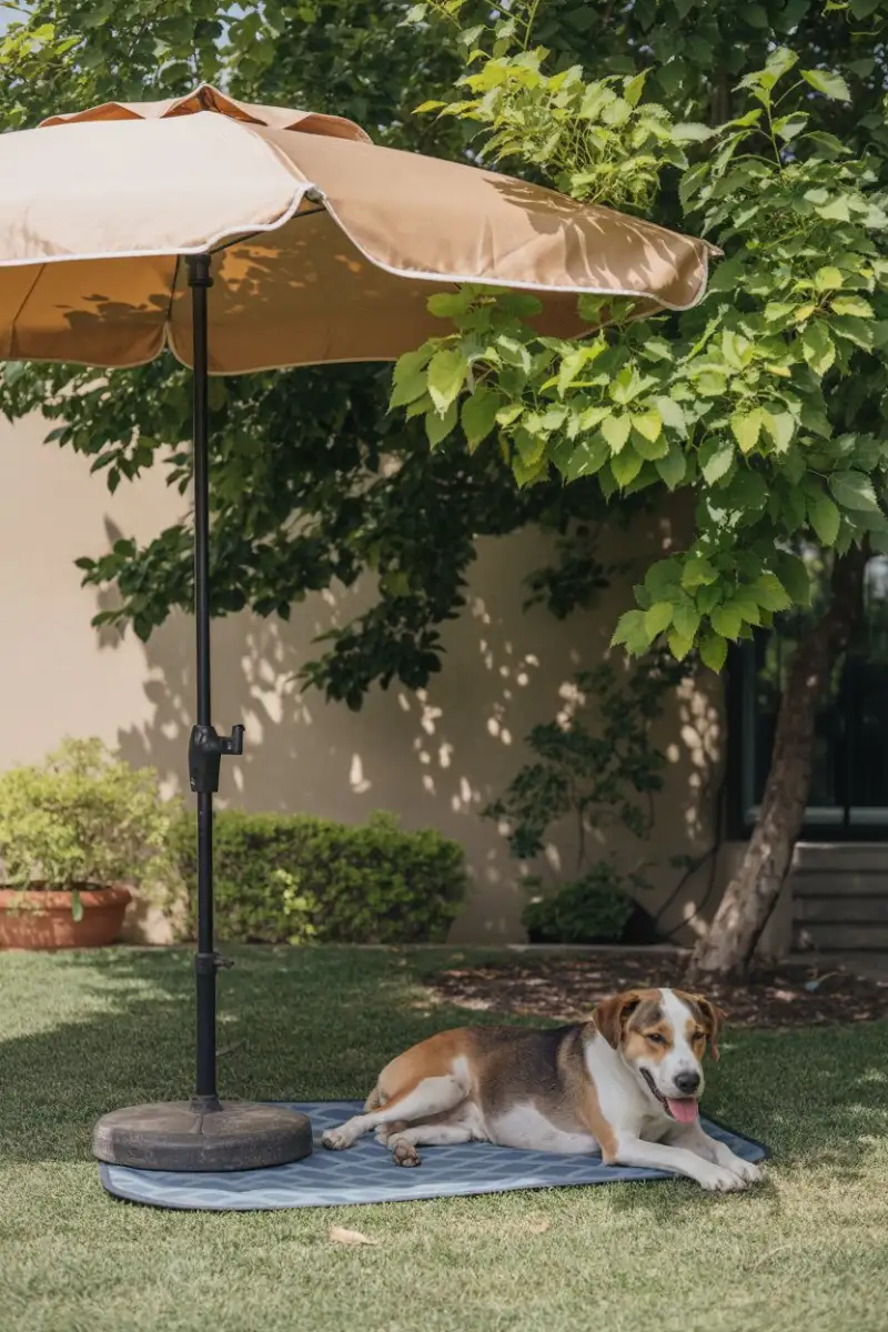 Classic Tan Patio Umbrella Over a Patterned Cooling Mat