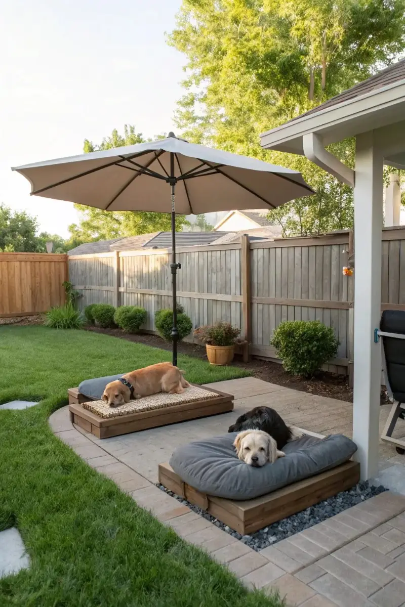 Classic Taupe Market Umbrella Over Twin Raised Wooden Dog Loungers
