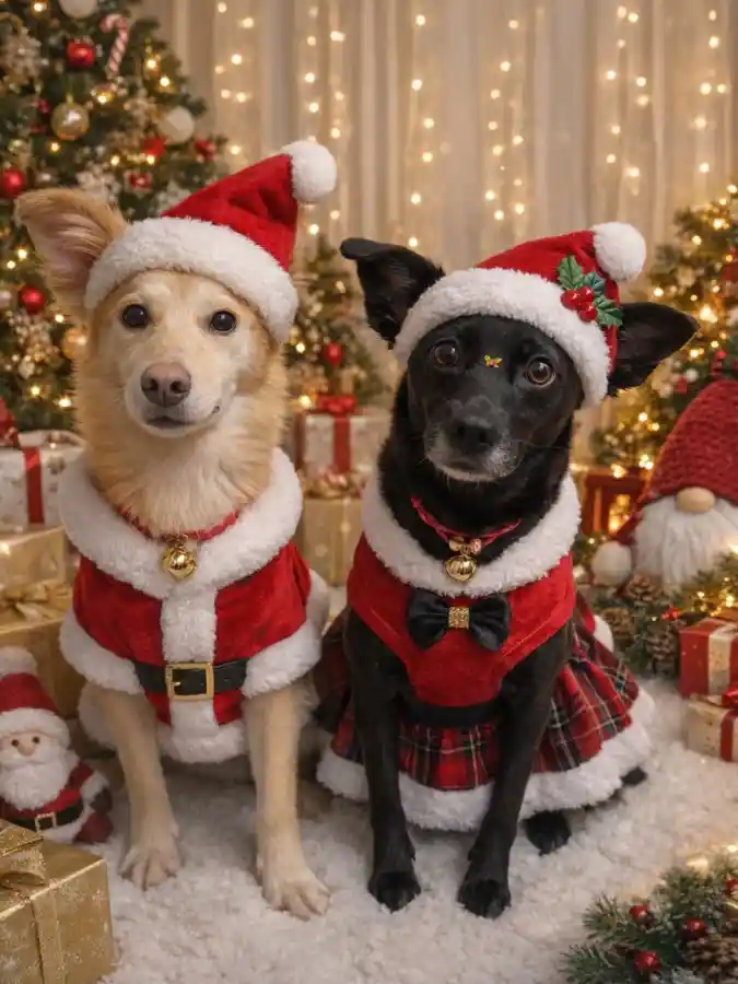 Coordinated Santa Suit and Plaid Holiday Dress on a Mixed Breed Pair