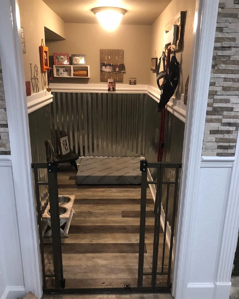 Corrugated Metal Wainscoting Pet Nook with Charcoal Safety Gate and Elevated Diner