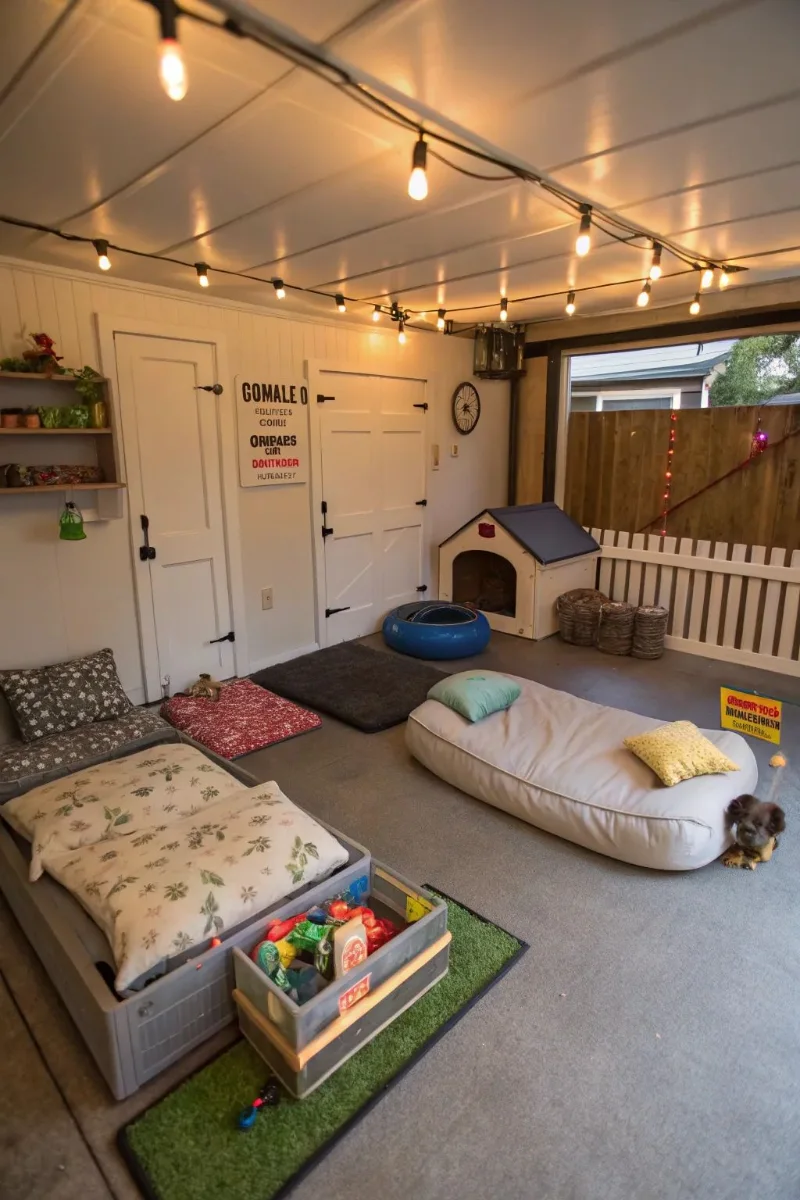 Covered Patio Play Zone with Festoon Lighting and Multi-Textured Pet Loungers
