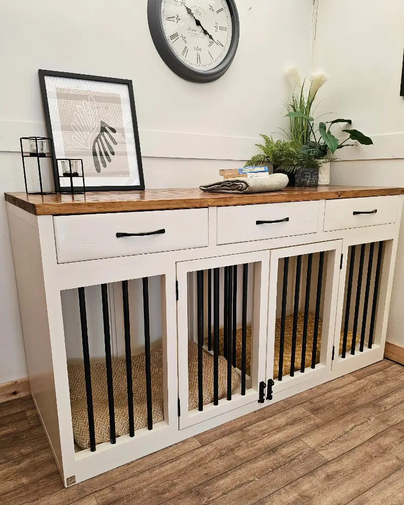 Cream Double Crate Credenza with Stained Wood Top and Chevron Cushions