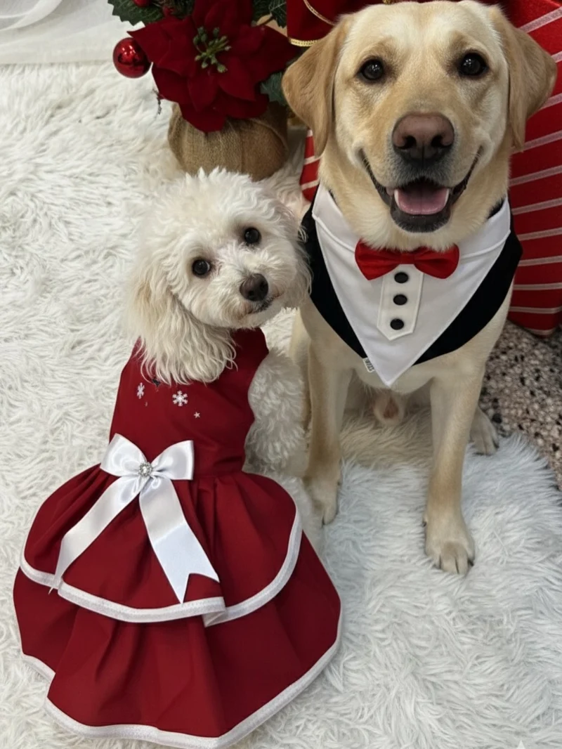 Crimson Tiered Gala Dress and Tuxedo Bandana Duo