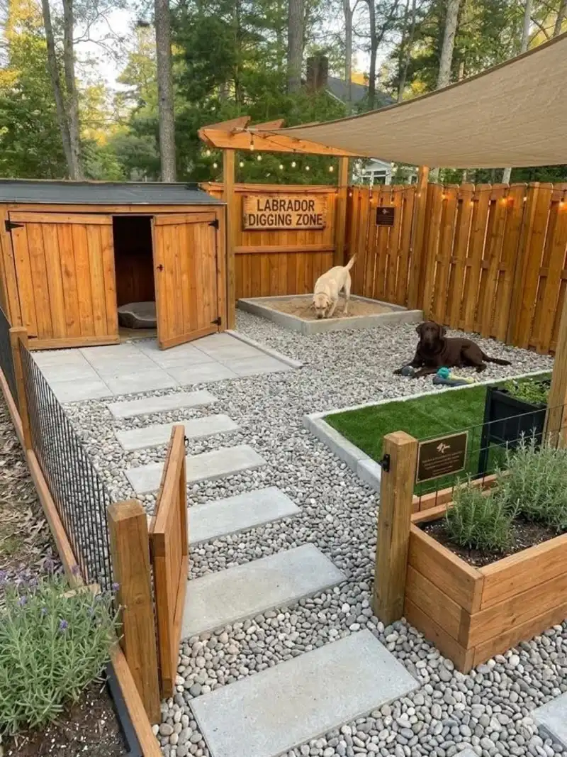 Custom Backyard Dog Park with Canvas Shade Sail and Sand Pit