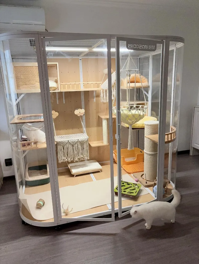 Custom Glass-Front Luxury Cat Villa with MacramΓ© and Rattan Accents