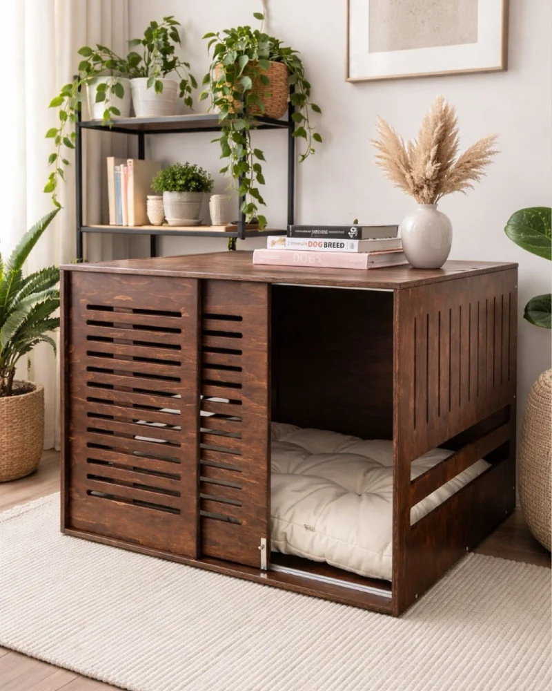 Dark Stained Wooden Credenza Crate with Slatted Sliding Doors