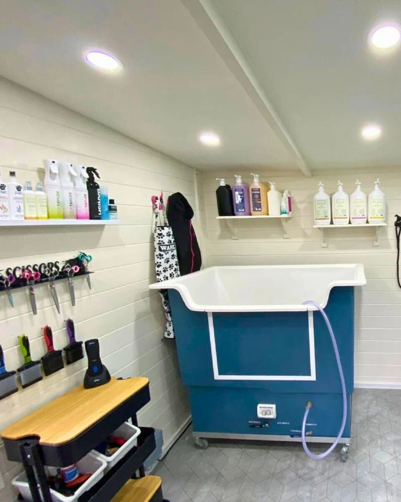 Deep Blue Freestanding Grooming Tub on Hexagonal Tile Flooring