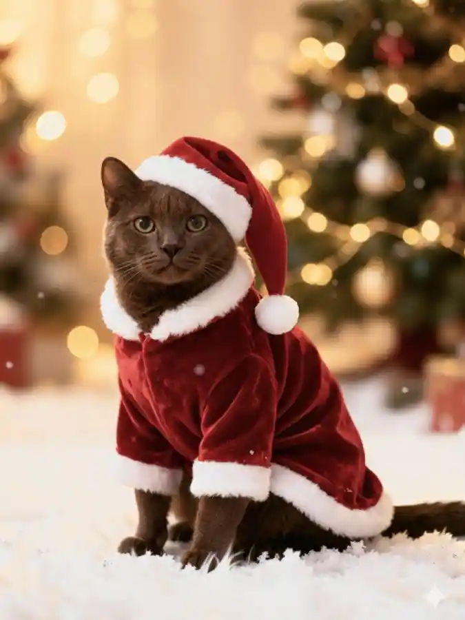 Deep Red Velvet Santa Robe and Drooping Hat on a Solid Brown Cat